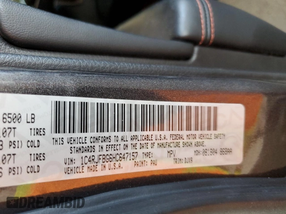 2017 Jeep Grand Cherokee Limited with VIN 1C4RJFBG6HC647157, listed as a Copart auction lot 47461885 with 70,347 mi miles and Salvage Title. Bid and sale history available at carsss.com. Image 13.