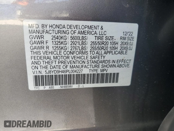 2023 Acura MDX w/Technology Package with VIN 5J8YD9H46PL004227, listed as a Copart auction lot 84506634 with 50,785 mi miles and Salvage Title. Bid and sale history available at carsss.com. Image 15.