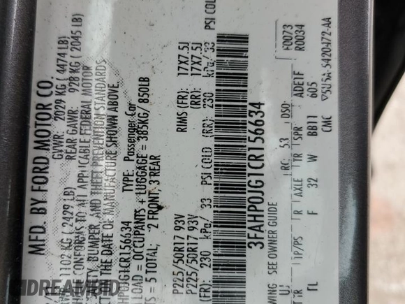 2012 Ford Fusion SEL with VIN 3FAHP0JG1CR156634, listed as a Copart auction lot 58238005 with 96,333 mi miles and Salvage title. Bid and sale history available at DreamBid. Image 12.