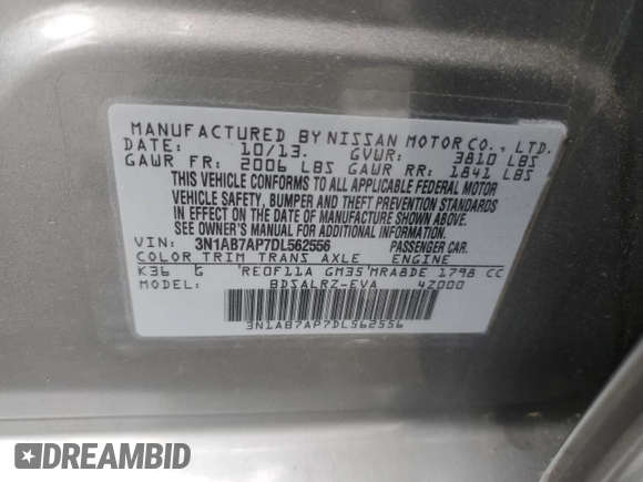 2013 Nissan Sentra SR z VIN 3N1AB7AP7DL562556, wystawiony jako Copart lot #58186255 z przebiegiem 138 504 mil mil oraz Szkody całkowita. Historia ofert i sprzedaży dostępna na DreamBid. Obrazek 13.
