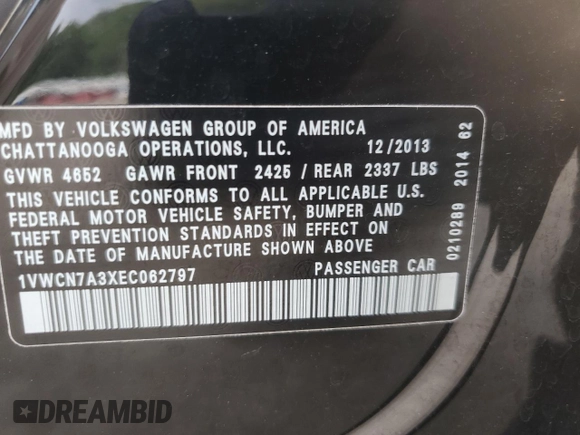 2014 Volkswagen Passat SEL Premium with VIN 1VWCN7A3XEC062797, listed as a Copart auction lot 60290515 with 83,279 mi miles and Salvage title. Bid and sale history available at DreamBid. Image 12.