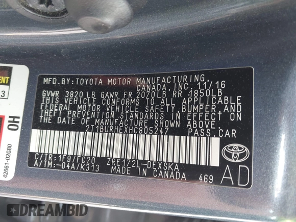 2017 Toyota Corolla L z VIN 2T1BURHEXHC805247, wystawiony jako IAAI lot #42156104 z przebiegiem 169 191 mil mil oraz . Historia ofert i sprzedaży dostępna na DreamBid. Obrazek 9.
