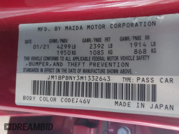 2021 Mazda 3 Premium Plus z VIN JM1BPBNY3M1332643, wystawiony jako IAAI lot #41536777 z przebiegiem 43 075 mil mil oraz . Historia ofert i sprzedaży dostępna na DreamBid. Obrazek 9.
