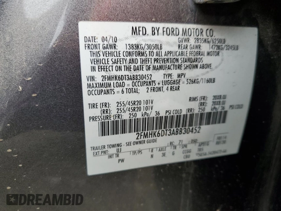 2010 Ford Flex Limited w/Ecoboost with VIN 2FMHK6DT3ABB30452, listed as a Copart auction lot 50104485 with Not Provided miles and Salvage Title. Bid and sale history available at carsss.com. Image 13.
