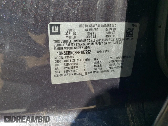 2015 Chevrolet Tahoe LT with VIN 1GNSCBKC2FR107792, listed as a Copart auction lot 67321104 with 184,438 mi miles and Clean title. Bid and sale history available at DreamBid. Image 16.