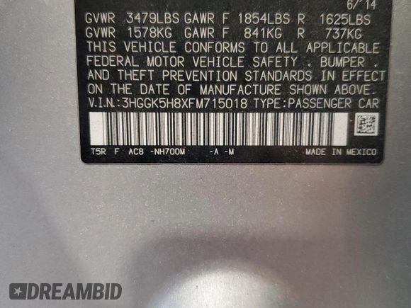 2015 Honda Fit EX-L with VIN 3HGGK5H8XFM715018, listed as a Copart auction lot 63037685 with Not provided miles and Salvage title. Bid and sale history available at DreamBid. Image 12.