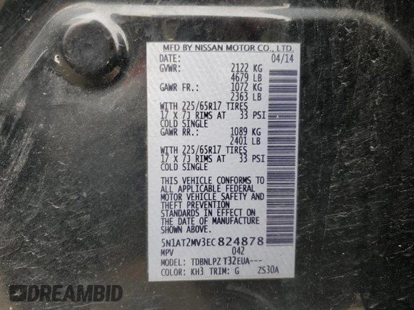 2014 Nissan Rogue SV with VIN 5N1AT2MV3EC824878, listed as a Copart auction lot 52701065 with 148,153 mi miles and Salvage Title. Bid and sale history available at carsss.com. Image 14.