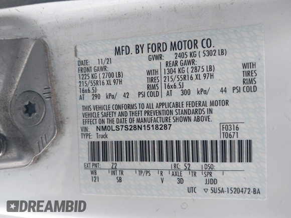 2022 Ford Transit Connect XL with VIN NM0LS7S28N1518287, listed as a IAAI auction lot 41899585 with 110,190 mi miles and . Bid and sale history available at DreamBid. Image 9.