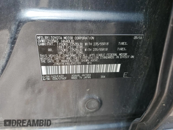 2016 Toyota RAV4 Limited z VIN JTMDFREV4GJ092789, wystawiony jako Copart lot #60430715 z przebiegiem Nie podano mil oraz Szkoda całkowita • Salvage title. Historia ofert i sprzedaży dostępna na DreamBid. Obrazek 13.