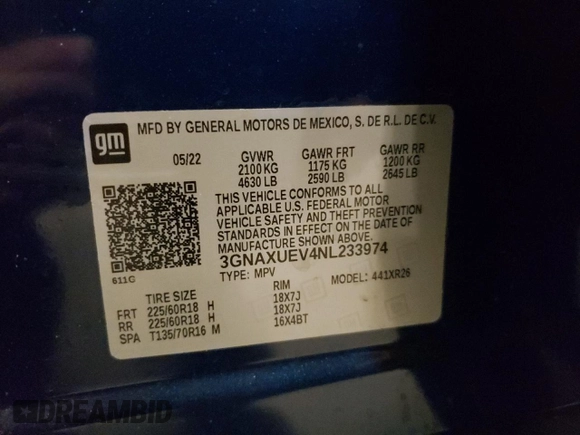 2022 Chevrolet Equinox LT z VIN 3GNAXUEV4NL233974, wystawiony jako Copart lot #50736885 z przebiegiem 17 127 mil mil oraz Szkoda całkowita • Salvage title. Historia ofert i sprzedaży dostępna na DreamBid. Obrazek 13.