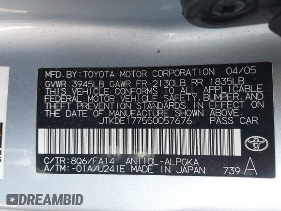 2005 Scion tC z VIN JTKDE177550057676, wystawiony jako IAAI lot #41883875 z przebiegiem 133 014 mil mil oraz . Historia ofert i sprzedaży dostępna na DreamBid. Obrazek 9.