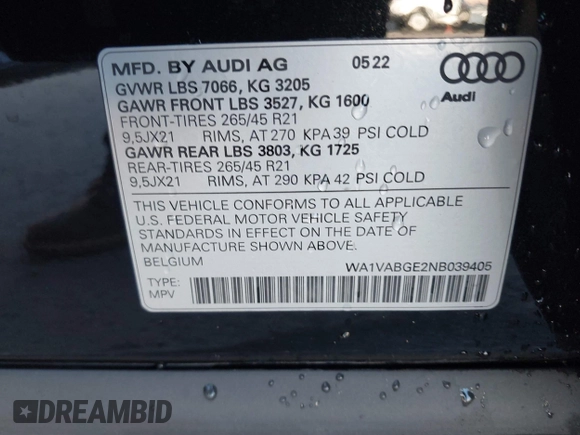 2022 Audi e-tron Chronos with VIN WA1VABGE2NB039405, listed as a IAAI auction lot 41360899 with 36,289 mi miles. Bid and sale history available at carsss.com. Image 9.