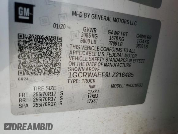 2020 Chevrolet Silverado 1500 Work Truck with VIN 1GCRWAEF9LZ216485, listed as a Copart auction lot 68293264 with 158,031 mi miles and Salvage Title. Bid and sale history available at DreamBid. Image 12.
