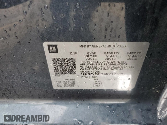 2019 Chevrolet Silverado 1500 LTZ with VIN 1GCRYGED4KZ177685, listed as a Copart auction lot 52803145 with 23,049 mi miles and Salvage Title. Bid and sale history available at DreamBid. Image 13.