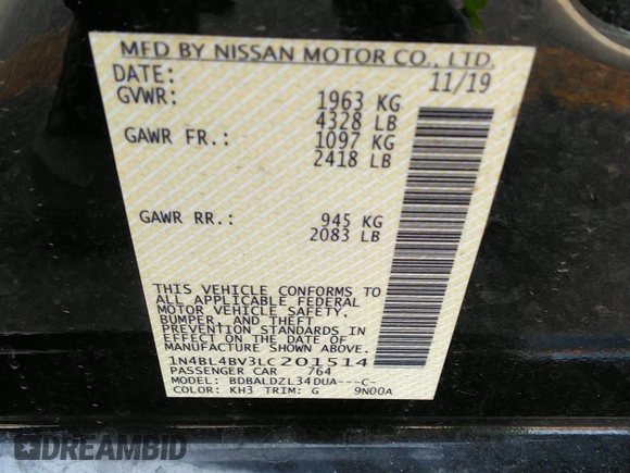 2020 Nissan Altima 2.5 S with VIN 1N4BL4BV3LC201514, listed as a IAAI auction lot 41764154 with 28,493 mi miles. Bid and sale history available at carsss.com. Image 9.