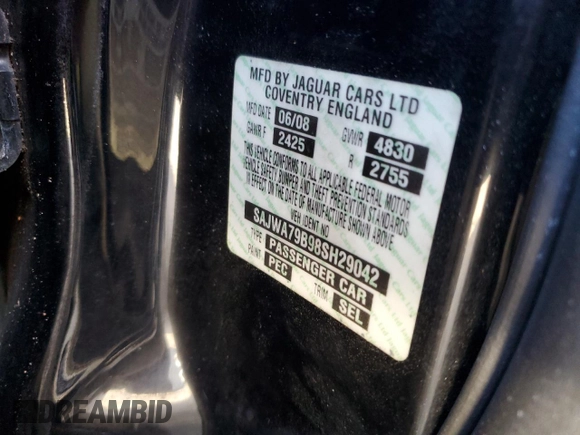 2008 Jaguar XJ with VIN SAJWA79B98SH29042, listed as a Copart auction lot 43599575 with Not Provided miles and Salvage Title. Bid and sale history available at carsss.com. Image 12.