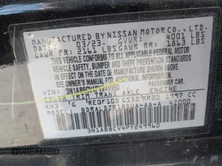 2023 Nissan Sentra SV with VIN 3N1AB8CV4PY249960, listed as a IAAI auction lot 42228572 with 43,047 mi miles and . Bid and sale history available at DreamBid. Image 9.