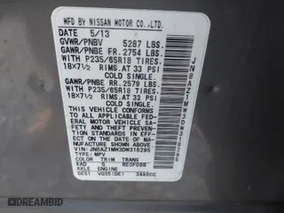 2013 Nissan Murano SL with VIN JN8AZ1MW3DW318295, listed as a IAAI auction lot 41781703 with 169,429 mi miles. Bid and sale history available at carsss.com. Image 9.