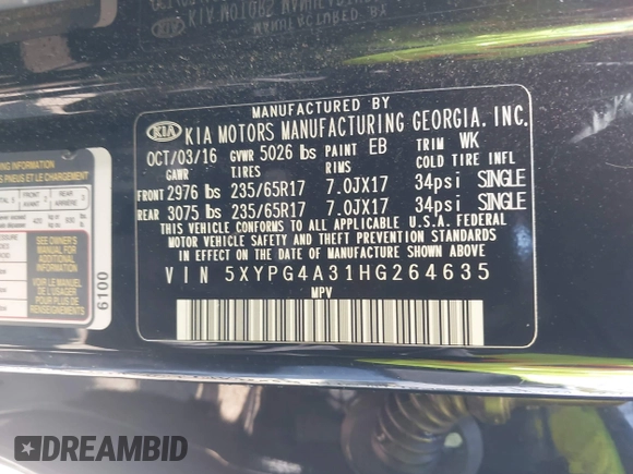 2017 Kia Sorento LX with VIN 5XYPG4A31HG264635, listed as a IAAI auction lot 42181056 with 163,493 mi miles and . Bid and sale history available at carsss.com. Image 9.
