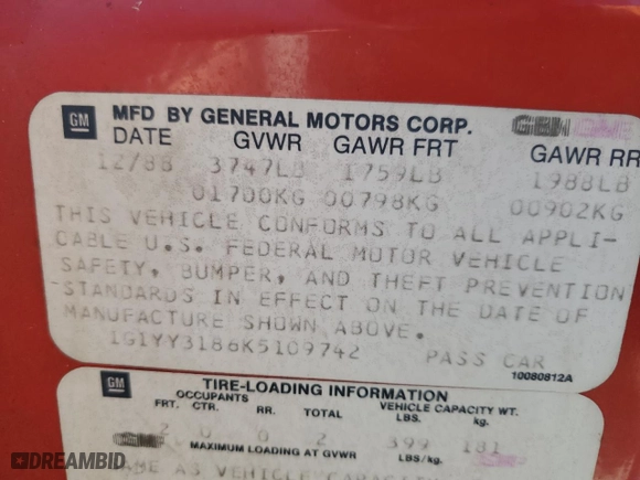 1989 Chevrolet Corvette with VIN 1G1YY3186K5109742, listed as a Copart auction lot 45378375 with 104,385 mi miles and Salvage Title. Bid and sale history available at carsss.com. Image 12.