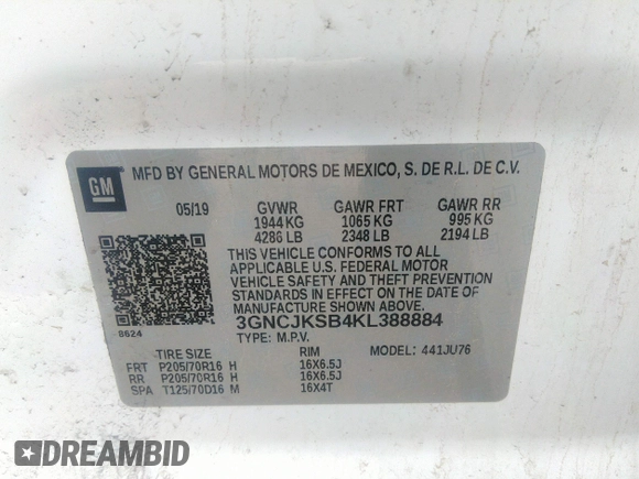 2019 Chevrolet Trax LS with VIN 3GNCJKSB4KL388884, listed as a IAAI auction lot 39924065 with 67,454 mi miles. Bid and sale history available at carsss.com. Image 9.