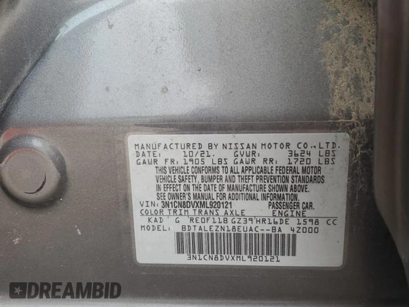 2021 Nissan Versa S с VIN 3N1CN8DVXML920121, выставлен на аукционе Copart как лот 57113425 с пробегом 75 958 миль миль и Списание • Salvage title. История ставок и продаж доступна на DreamBid. Изображение 12.