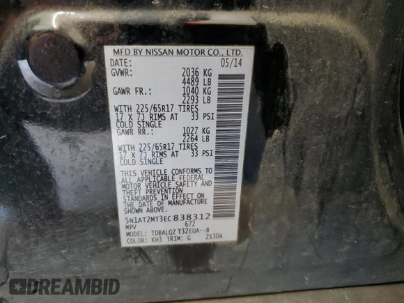 2014 Nissan Rogue SV with VIN 5N1AT2MT3EC838312, listed as a Copart auction lot 54681925 with 137,174 mi miles and Salvage Title. Bid and sale history available at DreamBid. Image 13.