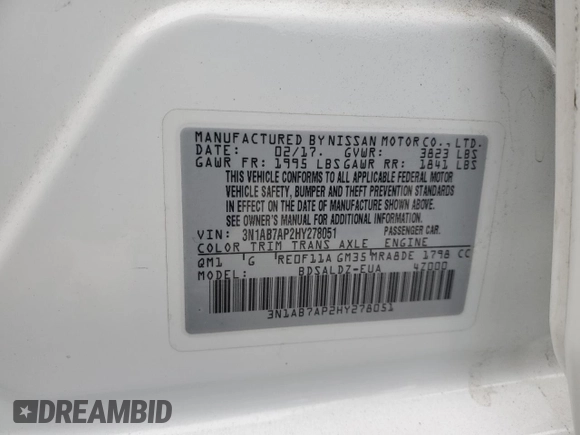2017 Nissan Sentra SR with VIN 3N1AB7AP2HY278051, listed as a Copart auction lot 62356945 with 196,940 mi miles and Clean title. Bid and sale history available at DreamBid. Image 12.
