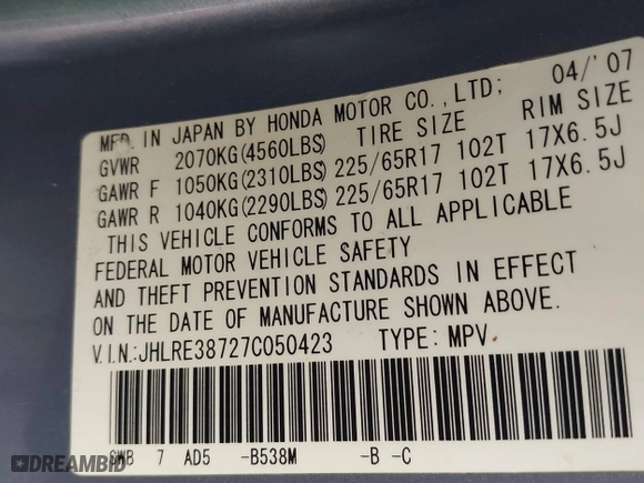 2007 Honda CR-V EX-L with VIN JHLRE38727C050423, listed as a IAAI auction lot 41808938 with 155,851 mi miles. Bid and sale history available at carsss.com. Image 9.
