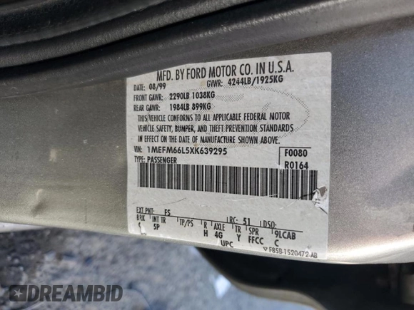 1999 Mercury Mystique с VIN 1MEFM66L5XK639295, выставлен на аукционе Copart как лот 43658735 с пробегом 130 522 миль миль и Списание • Salvage title. История ставок и продаж доступна на DreamBid. Изображение 12.