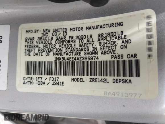 2010 Toyota Corolla with VIN 1NXBU4EE4AZ365974, listed as a IAAI auction lot 42760987 with 172,287 mi miles and . Bid and sale history available at DreamBid. Image 9.