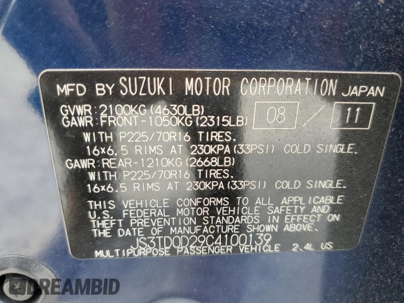 2012 Suzuki Grand Vitara Premium z VIN JS3TD0D29C4100139, wystawiony jako Copart lot #49163115 z przebiegiem 271 080 mil mil oraz Nie do naprawy. Historia ofert i sprzedaży dostępna na DreamBid. Obrazek 13.