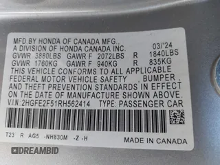 2024 Honda Civic Sedan Sport with VIN 2HGFE2F51RH562414, listed as a IAAI auction lot 41669727 with 10,689 mi miles. Bid and sale history available at carsss.com. Image 9.