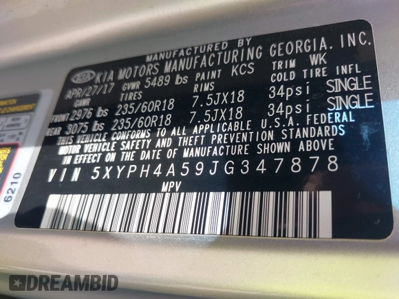 2018 Kia Sorento EX with VIN 5XYPH4A59JG347878, listed as a IAAI auction lot 41801123 with 89,716 mi miles and . Bid and sale history available at DreamBid. Image 9.