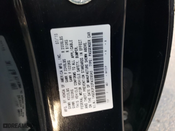 2015 Honda Accord Sedan LX with VIN 1HGCR2F32FA229543, listed as a Copart auction lot 47484015 with 107,756 mi miles and Salvage Title. Bid and sale history available at carsss.com. Image 14.