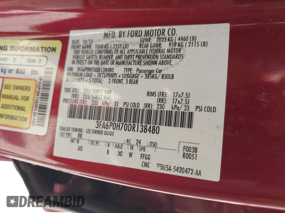 2013 Ford Fusion SE с VIN 3FA6P0H70DR138480, выставлен на аукционе IAAI как лот 42542450 с пробегом 133 617 миль миль и . История ставок и продаж доступна на DreamBid. Изображение 9.