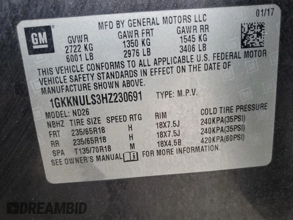 2017 GMC Acadia SLT with VIN 1GKKNULS3HZ230691, listed as a Copart auction lot 59612615 with 143,394 mi miles and Salvage title. Bid and sale history available at DreamBid. Image 13.