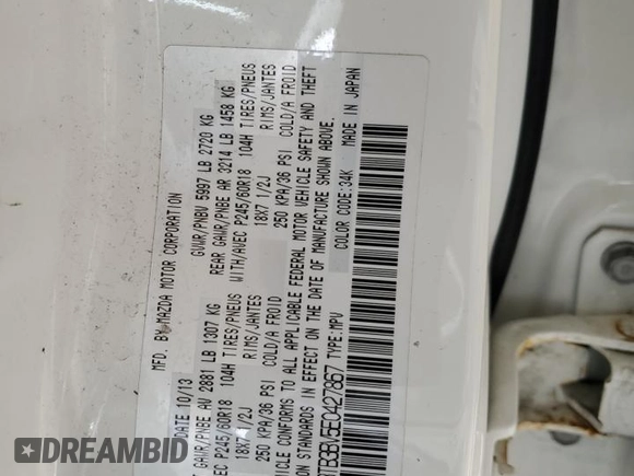 2014 Mazda CX-9 Sport with VIN JM3TB3BV5E0427867, listed as a Copart auction lot 51091995 with 122,008 mi miles and Salvage title. Bid and sale history available at DreamBid. Image 13.
