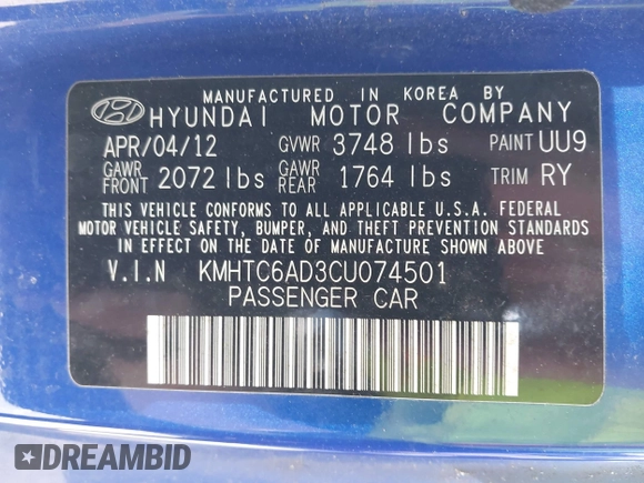 2012 Hyundai Veloster w/Gray Int z VIN KMHTC6AD3CU074501, wystawiony jako IAAI lot #42289456 z przebiegiem 94 303 mil mil oraz . Historia ofert i sprzedaży dostępna na DreamBid. Obrazek 9.