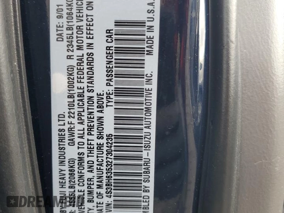 2002 Subaru Legacy L with VIN 4S3BH635327304235, listed as a Copart auction lot 53346715 with 194,334 mi miles and Salvage title. Bid and sale history available at DreamBid. Image 12.