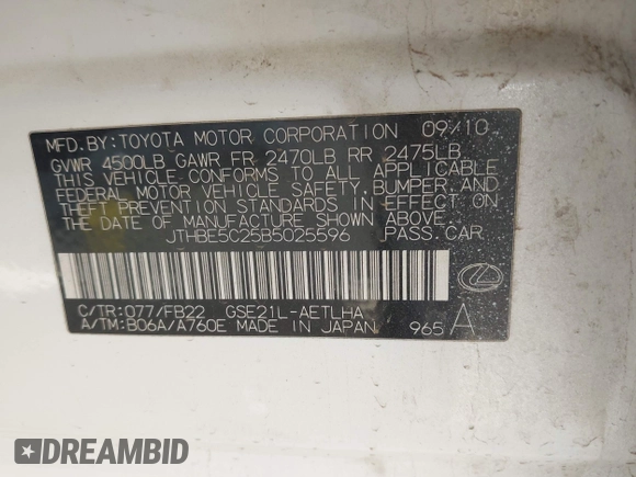 2011 Lexus IS with VIN JTHBE5C25B5025596, listed as a IAAI auction lot 41941765 with Not Provided miles. Bid and sale history available at carsss.com. Image 9.