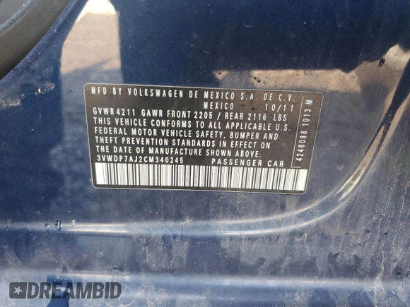 2012 Volkswagen Jetta SE z VIN 3VWDP7AJ2CM340245, wystawiony jako Copart lot #59844935 z przebiegiem 199 762 mil mil oraz Szkoda całkowita • Salvage title. Historia ofert i sprzedaży dostępna na DreamBid. Obrazek 12.