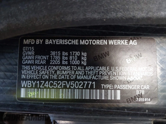 2015 BMW i3 z VIN WBY1Z4C52FV502771, wystawiony jako IAAI lot #42174110 z przebiegiem 131 737 mil mil oraz . Historia ofert i sprzedaży dostępna na DreamBid. Obrazek 9.