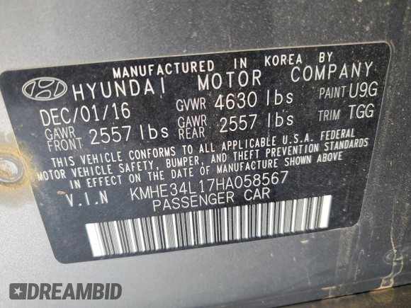 2017 Hyundai Sonata Hybrid Limited with VIN KMHE34L17HA058567, listed as a Copart auction lot 65885483 with 94,475 mi miles. Bid and sale history available at carsss.com. Image 12.