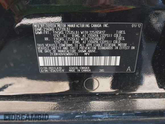 2012 Toyota RAV4 Limited with VIN 2T3DK4DV4CW066723, listed as a IAAI auction lot 42614936 with 138,022 mi miles and . Bid and sale history available at DreamBid. Image 9.