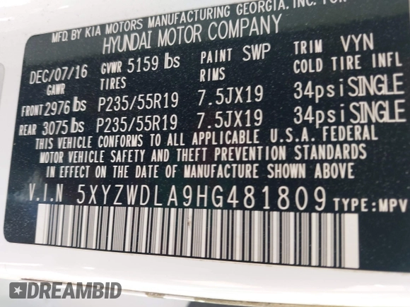 2017 Hyundai Santa Fe Ultimate with VIN 5XYZWDLA9HG481809, listed as a IAAI auction lot 42494779 with 69,674 mi miles and . Bid and sale history available at DreamBid. Image 9.