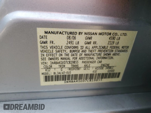 2007 Nissan Maxima 3.5 SE with VIN 1N4BA41E07C819855, listed as a Copart auction lot 78756064 with 56,201 mi miles and Salvage Title. Bid and sale history available at carsss.com. Image 12.
