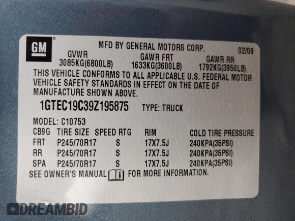 2009 GMC Sierra 1500 Work Truck z VIN 1GTEC19C39Z195875, wystawiony jako Copart lot #82365714 z przebiegiem 67 550 mil mil oraz Szkoda całkowita • Salvage title. Historia ofert i sprzedaży dostępna na DreamBid. Obrazek 12.
