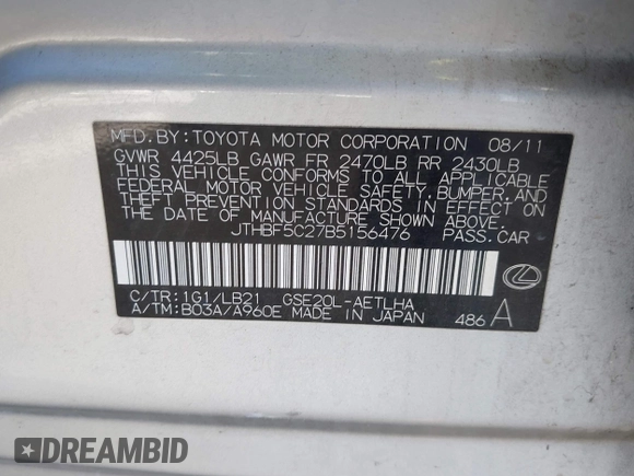 2011 Lexus IS 250 with VIN JTHBF5C27B5156476, listed as a IAAI auction lot 42282337 with 173,288 mi miles and . Bid and sale history available at DreamBid. Image 9.