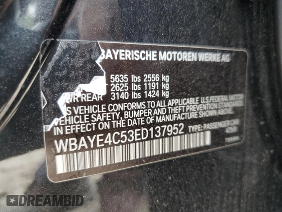 2014 BMW 7 Series 740Li with VIN WBAYE4C53ED137952, listed as a Copart auction lot 62829515 with 151,160 mi miles and Salvage title. Bid and sale history available at DreamBid. Image 12.